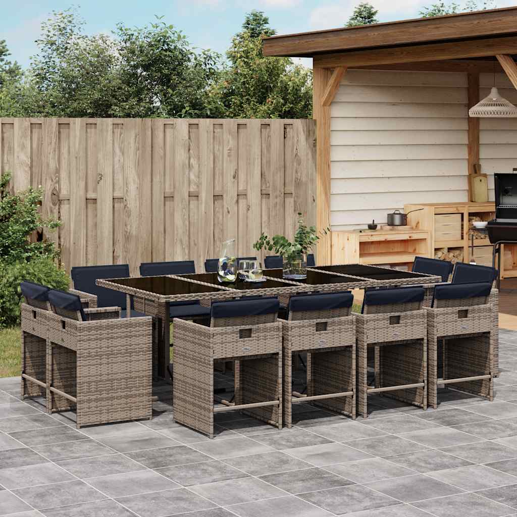 Conjunto de jantar para jardim com 13 peças e almofadas em rattan sintético cinza