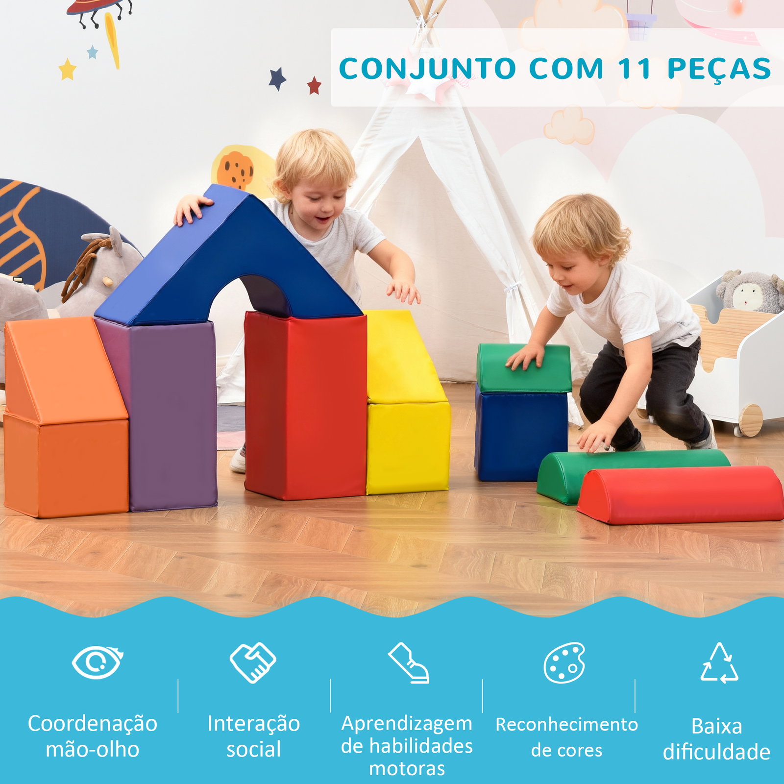 Conjunto de 11 Blocos de Espuma para Crianças Brinquedo de Aprendizagem para Crianças 1-3 Anos 50x50x25 cm Multicor