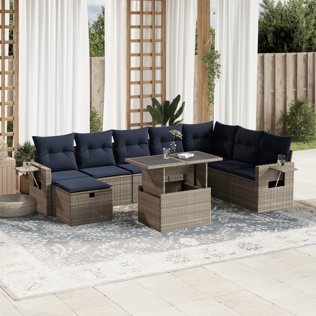 Conjunto de sofá de jardim de 9 peças com almofadas em rattan sintético cinza