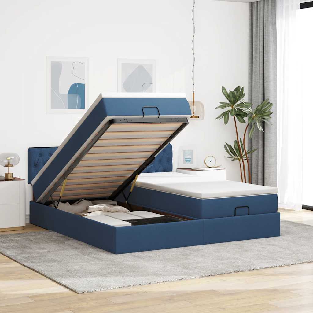 Estrutura de cama otomana com colchões 200x200cm tecido azul