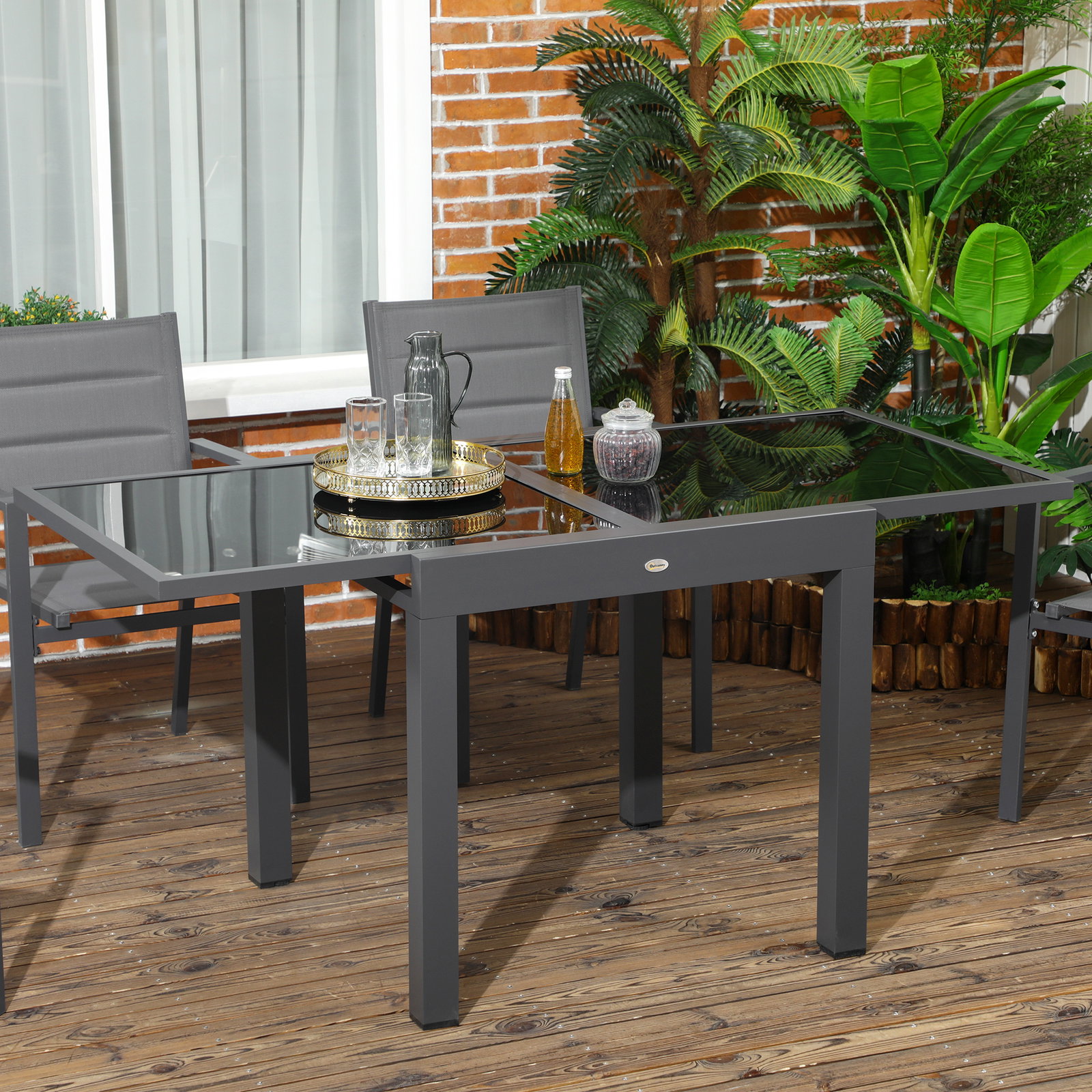 Mesa de jardim extensível de alumínio com bancada de vidro temperado 160x80x75 cm preto