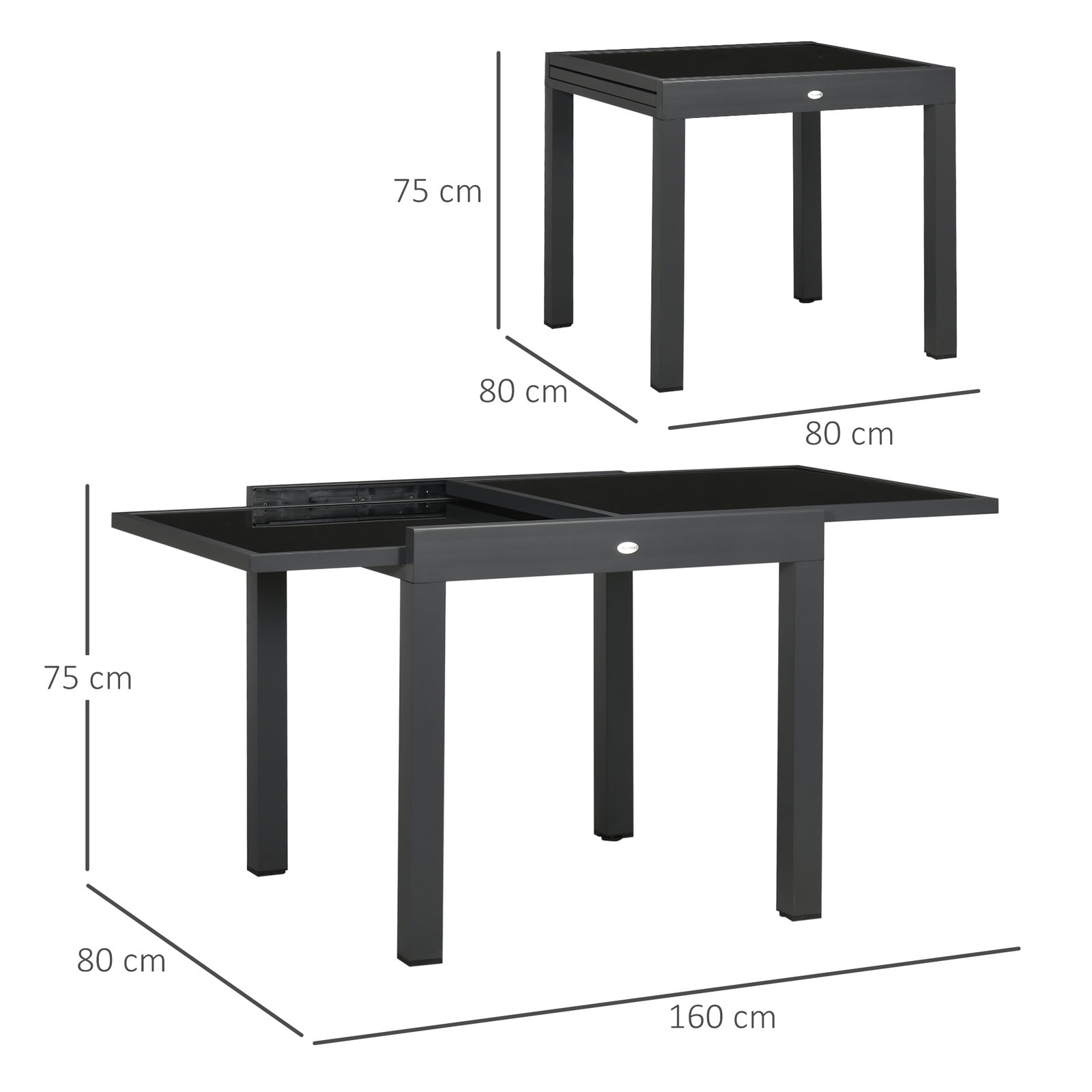 Mesa de jardim extensível de alumínio com bancada de vidro temperado 160x80x75 cm preto