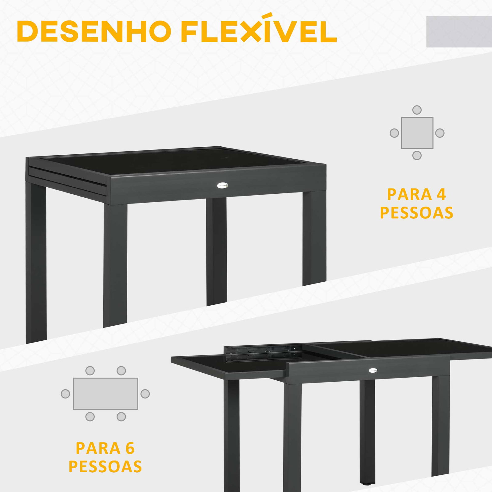 Mesa de jardim extensível de alumínio com bancada de vidro temperado 160x80x75 cm preto