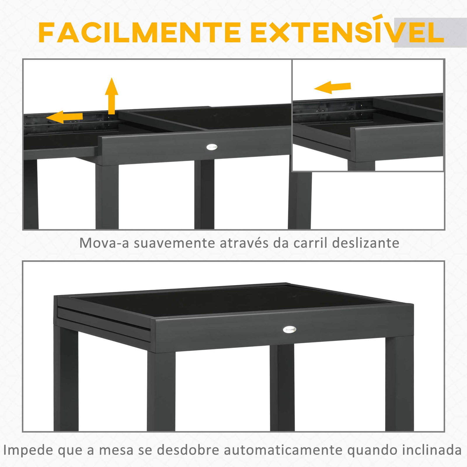 Mesa de jardim extensível de alumínio com bancada de vidro temperado 160x80x75 cm preto