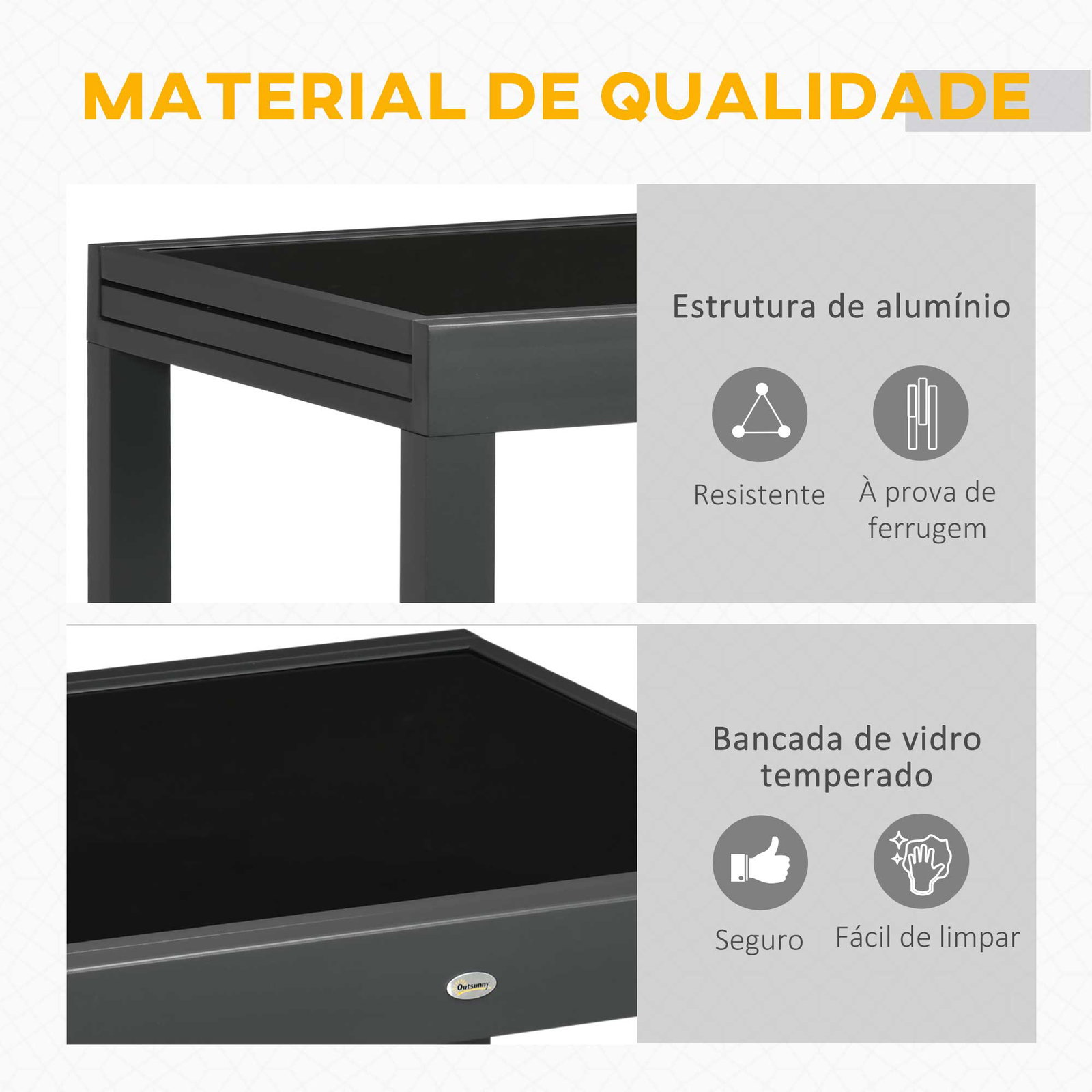 Mesa de jardim extensível de alumínio com bancada de vidro temperado 160x80x75 cm preto