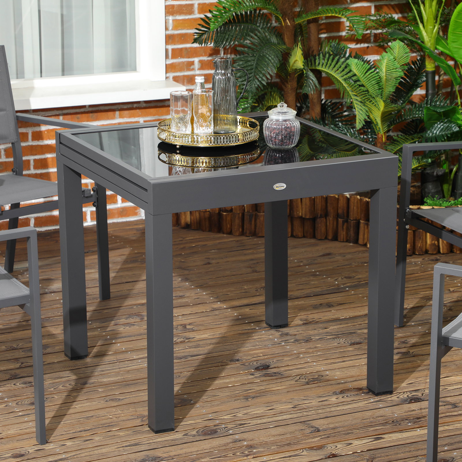 Mesa de jardim extensível de alumínio com bancada de vidro temperado 160x80x75 cm preto