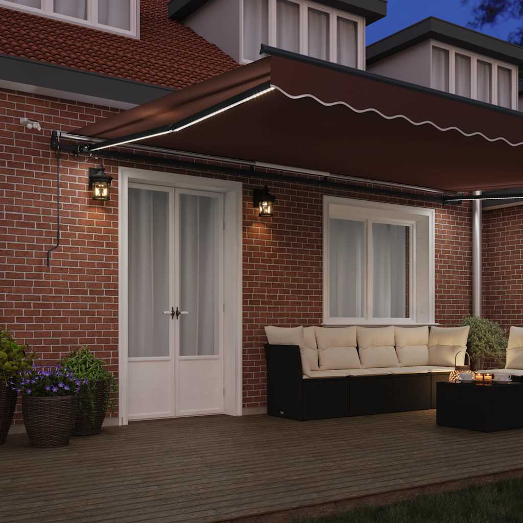 Toldo retrátil automático com luzes LED 500x300 cm castanho