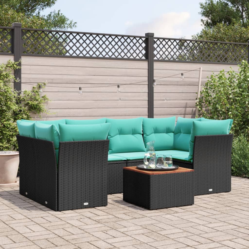7 Pcs conjunto de sofás p/ jardim c/ almofadões vime PE preto