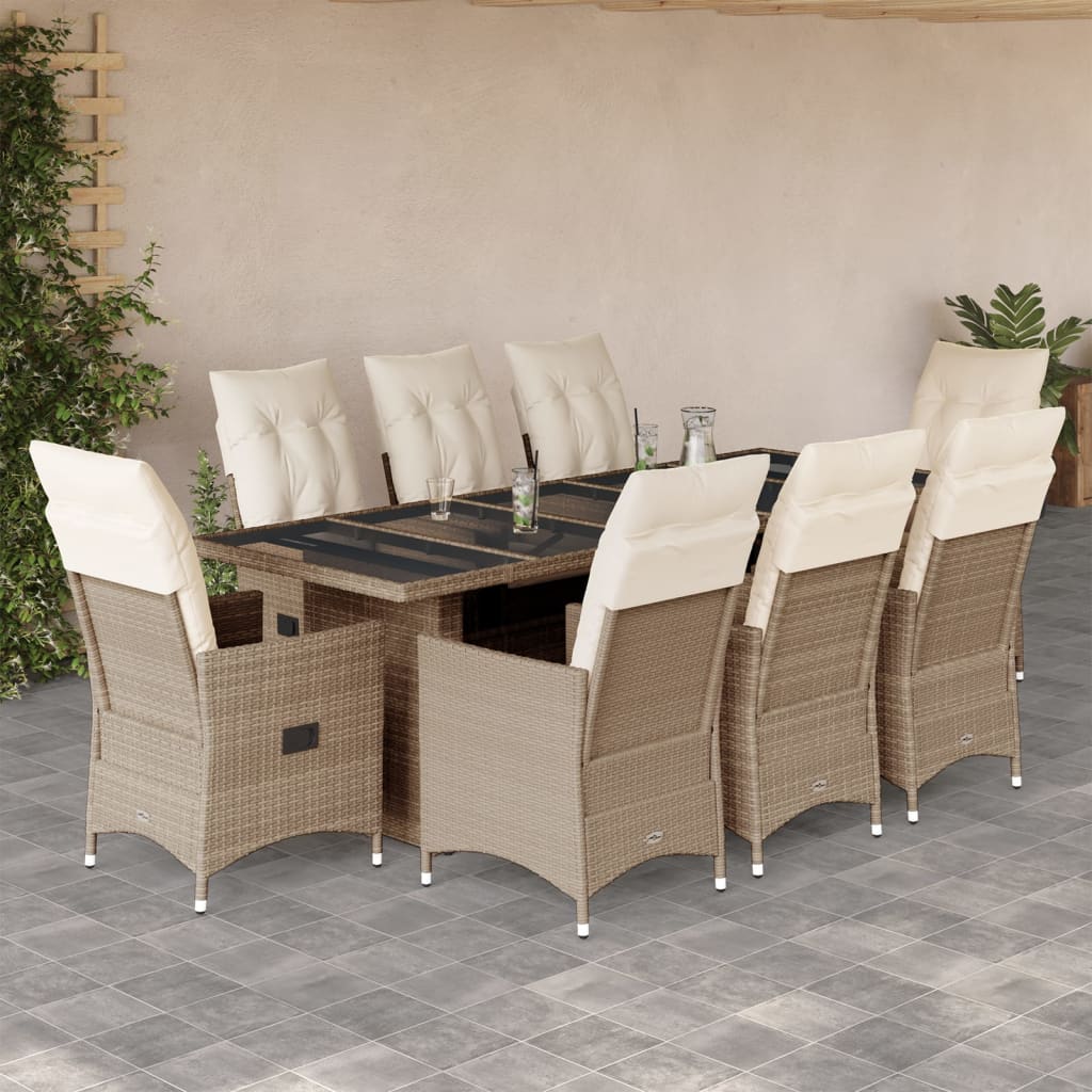 9 Pcs conjunto de bistrô para jardim c/ almofadões vime PE bege