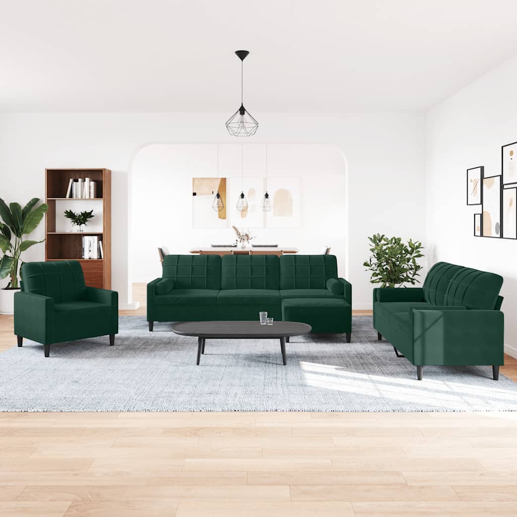 4 Pcs conjunto sofás com almofadões e rolos veludo verde-escuro