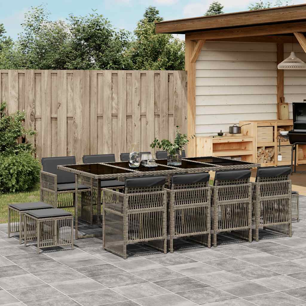 13 Pcs conjunto jantar p/ jardim c/ almofadões vime PE cinzento