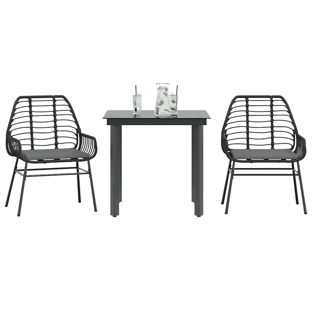 3 Pcs conjunto jantar jardim almofadões vime PE vidro preto
