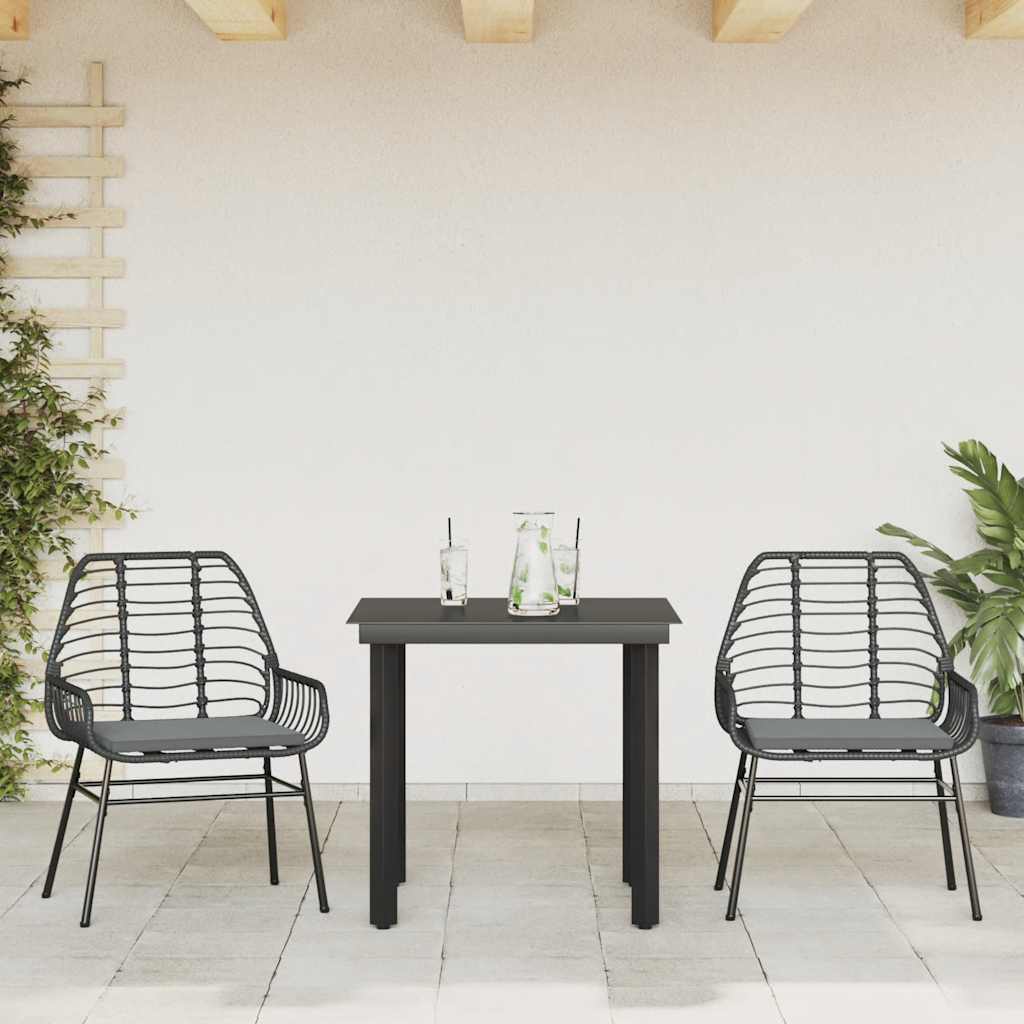 3 Pcs conjunto jantar jardim almofadões vime PE vidro preto