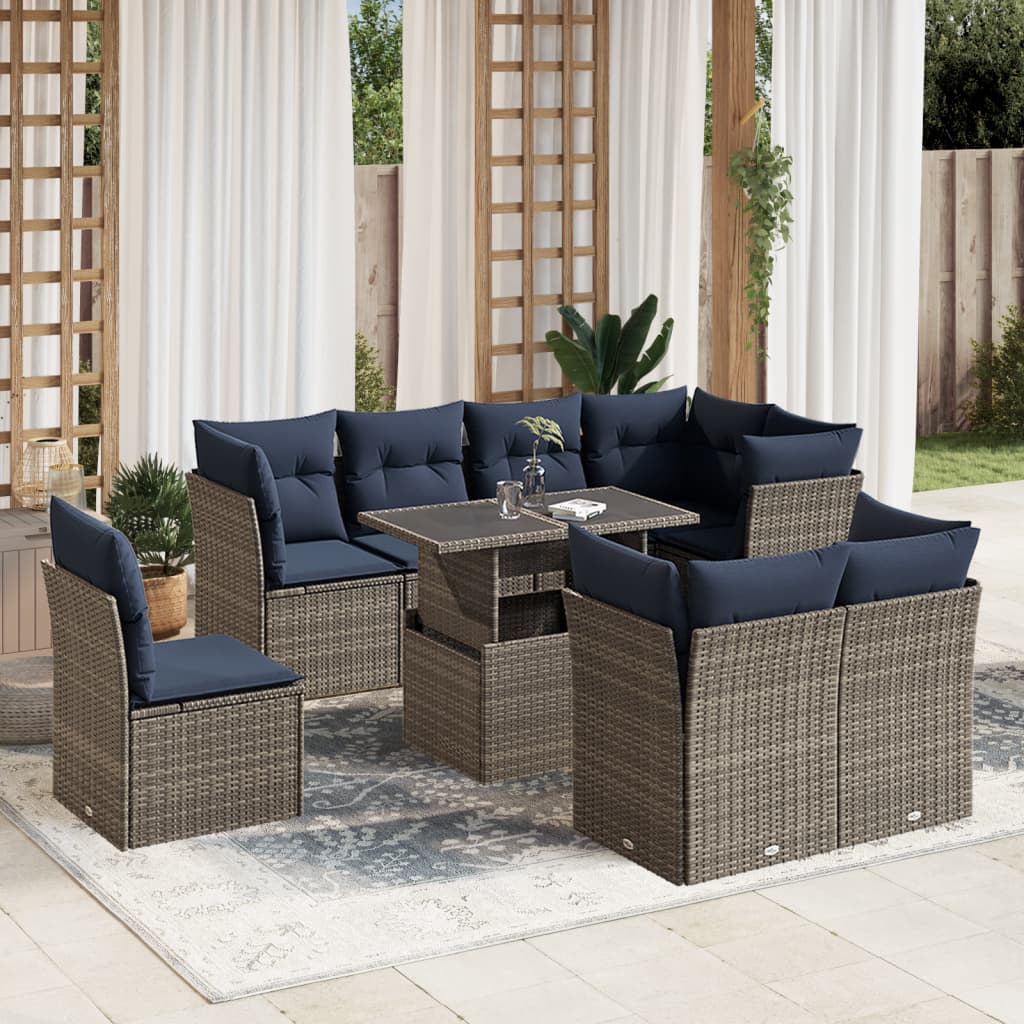 Conjunto de sofá de jardim de 9 peças com almofadas em rattan sintético cinza