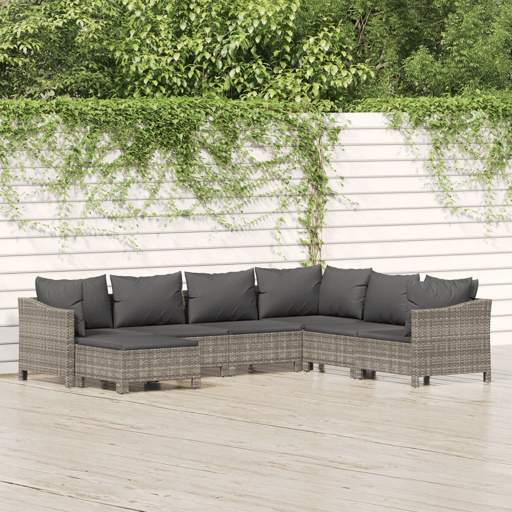 7 Pcs conjunto lounge de jardim c/ almofadões vime PE cinzento