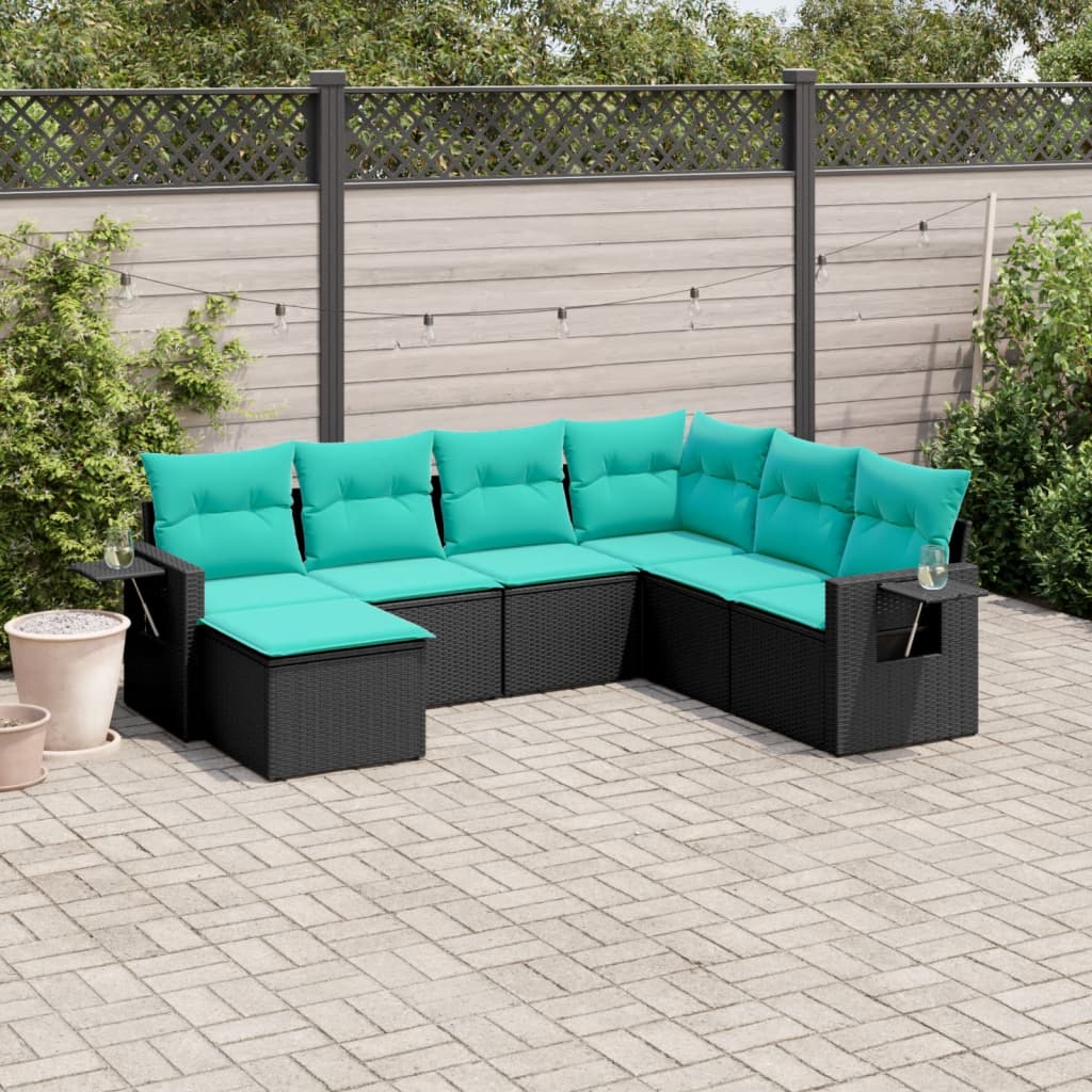 Conjunto de sofá de jardim com 7 peças e almofadas em rattan sintético preto