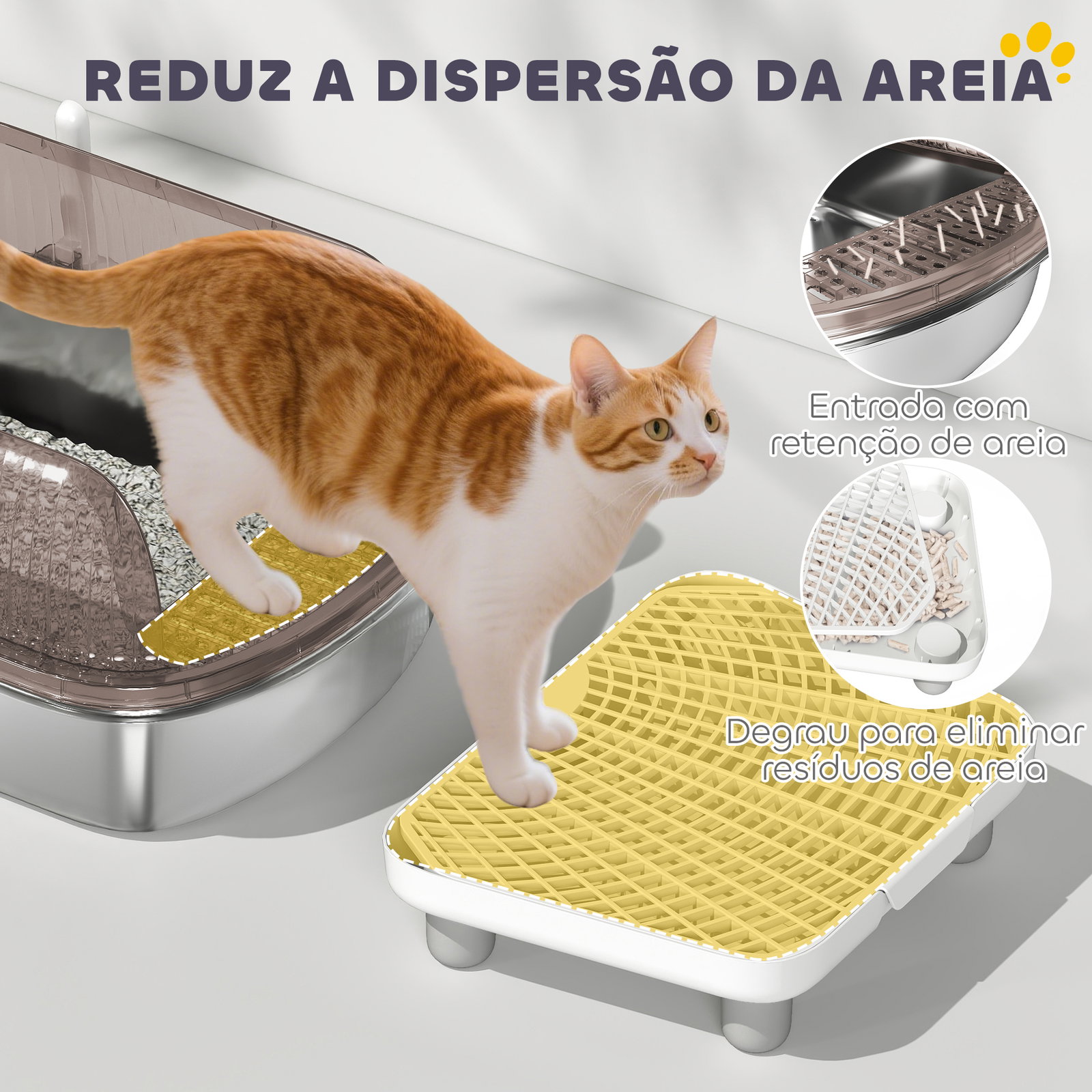 Caixa de areia para gatos fechada com bandeja em aço inoxidável bordas altas pá e degrau para gatos grandes 53x42x27 cm cinzento
