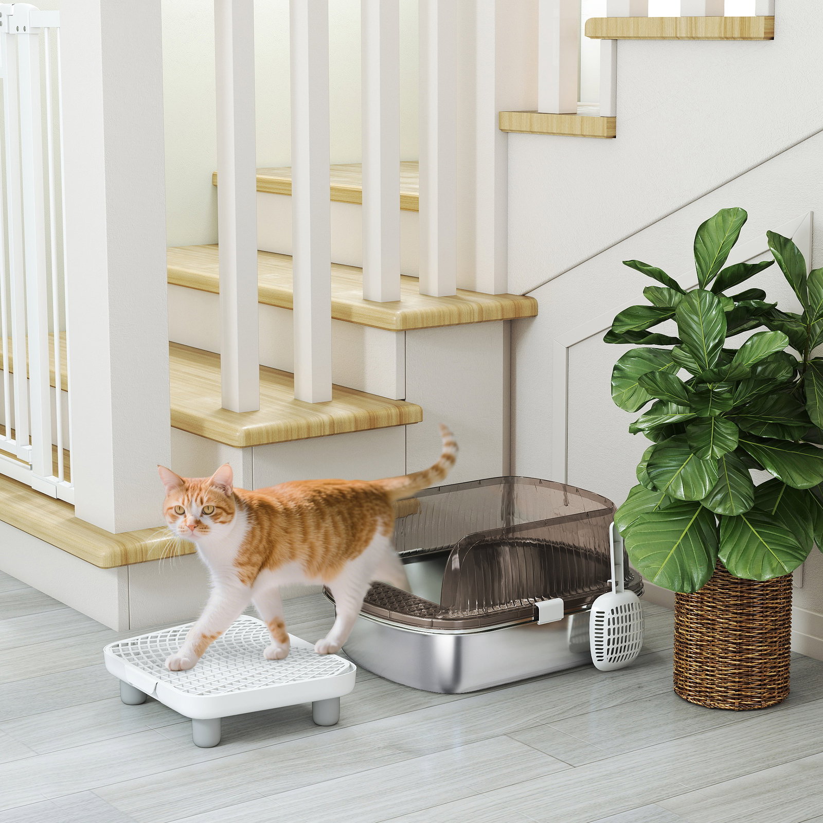 Caixa de areia para gatos fechada com bandeja em aço inoxidável bordas altas pá e degrau para gatos grandes 53x42x27 cm cinzento