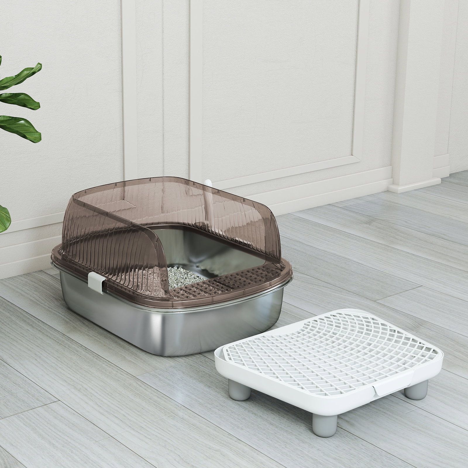 Caixa de areia para gatos fechada com bandeja em aço inoxidável bordas altas pá e degrau para gatos grandes 53x42x27 cm cinzento