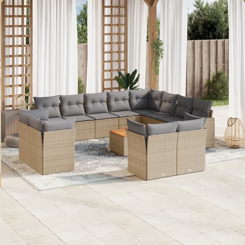 13 Pcs conj. sofás jardim c/ almofadões vime PE bege misturado
