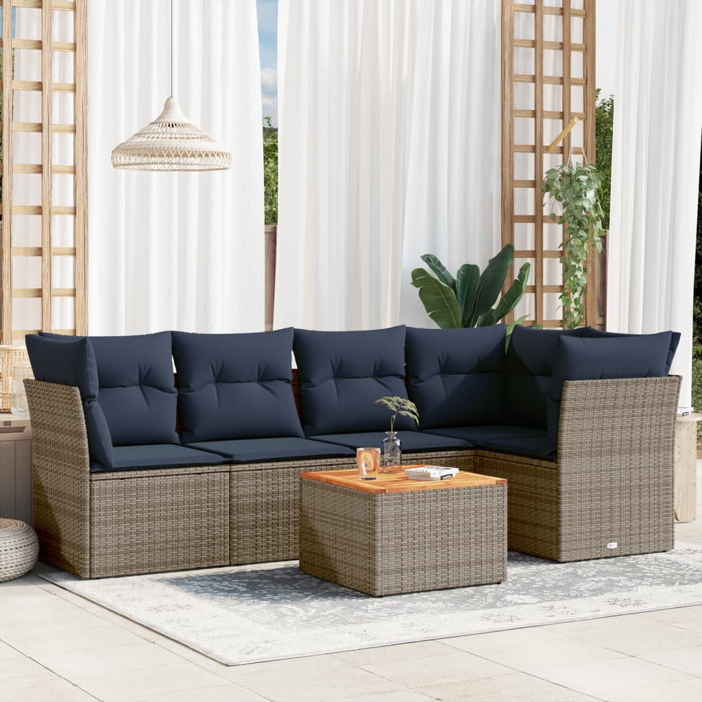 6 Pcs conjunto sofás p/ jardim c/ almofadões vime PE cinzento