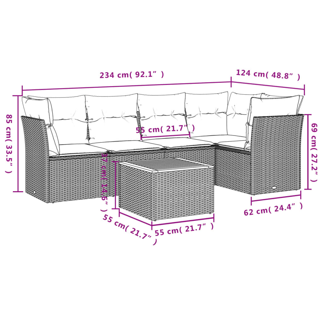 6 Pcs conjunto sofás p/ jardim c/ almofadões vime PE cinzento
