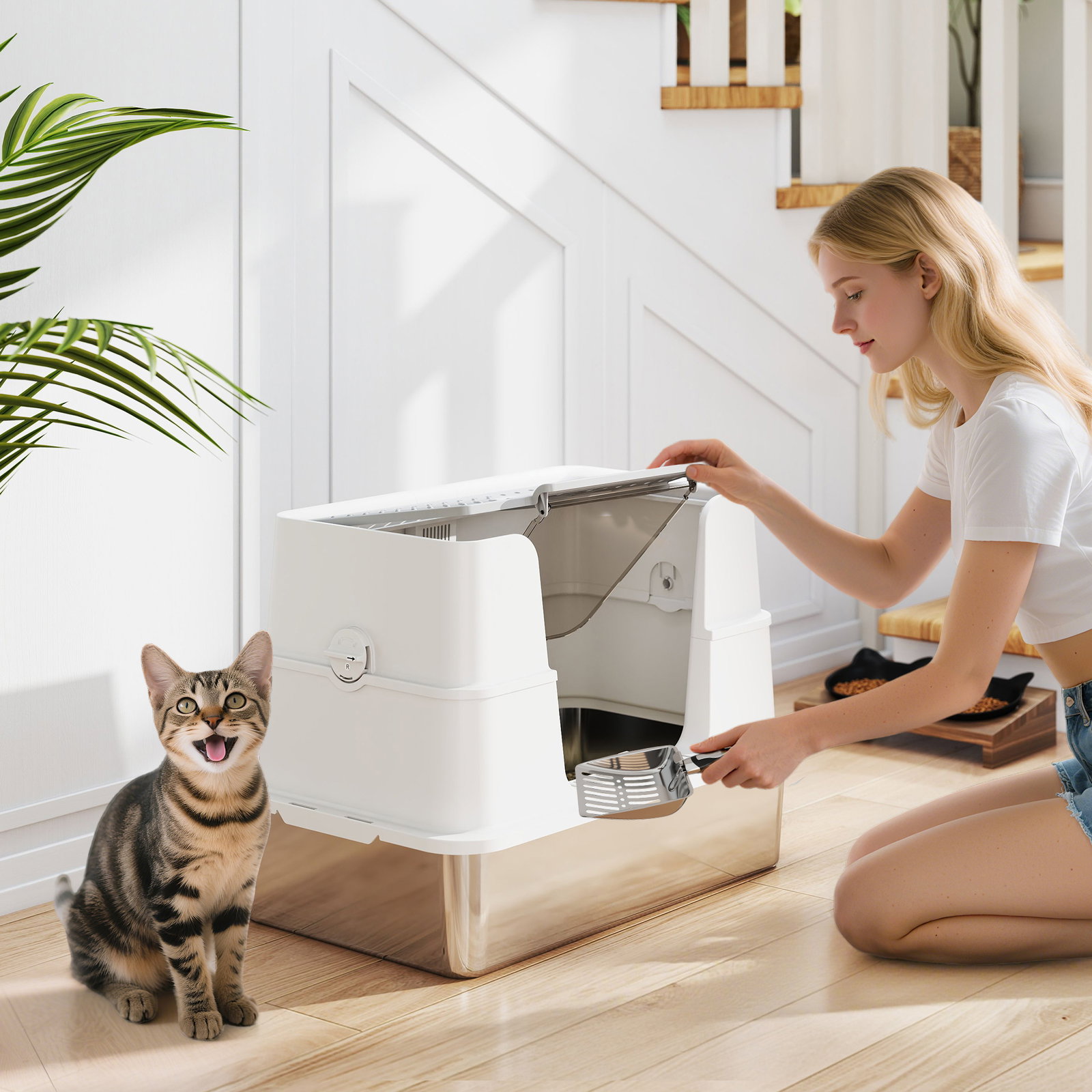 Caixa de areia para gatos de aço inoxidável xl com tampa abatível entradas altas pá antifugas 60,2x40,2x44,5 cm cinza claro