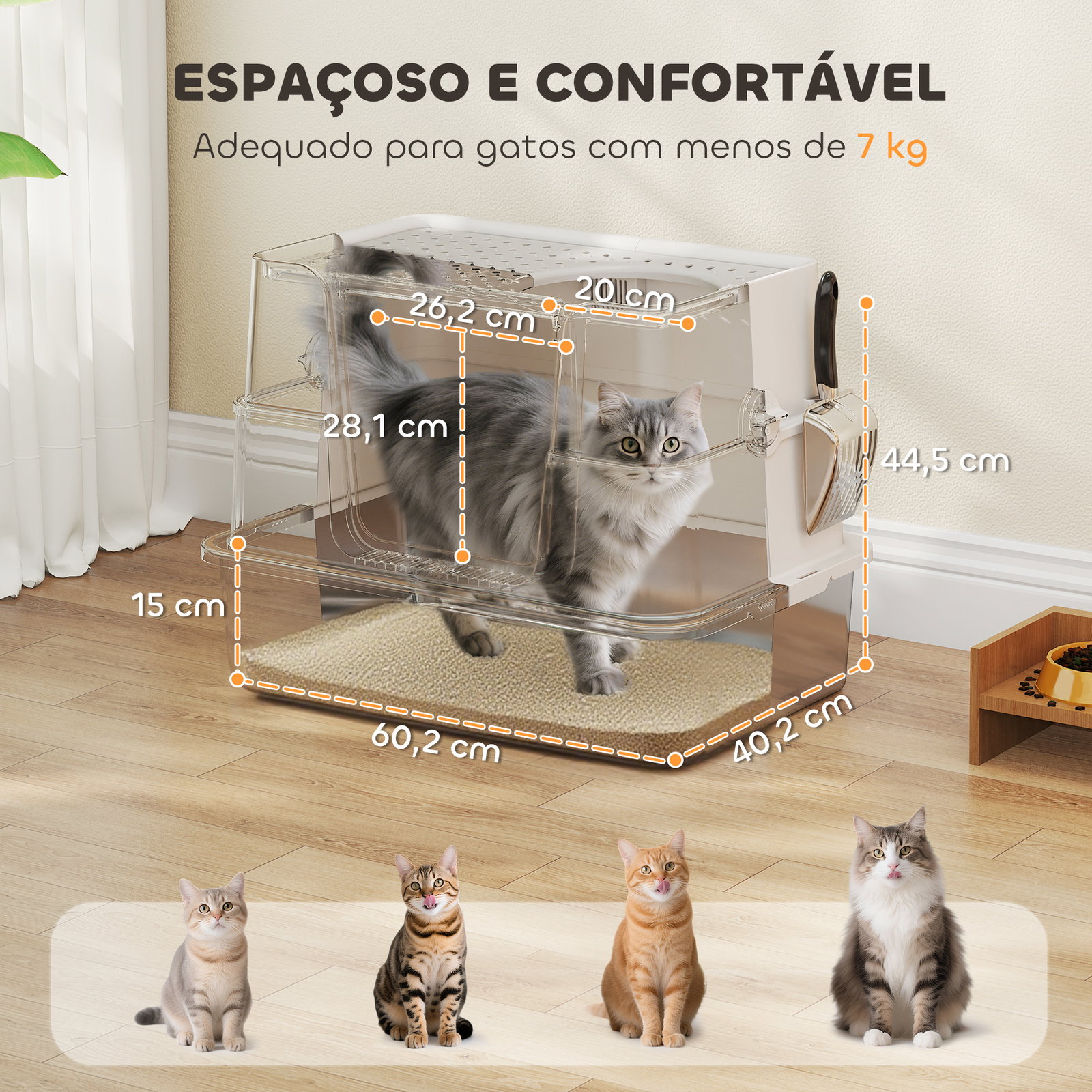 Caixa de areia para gatos de aço inoxidável xl com tampa abatível entradas altas pá antifugas 60,2x40,2x44,5 cm cinza claro