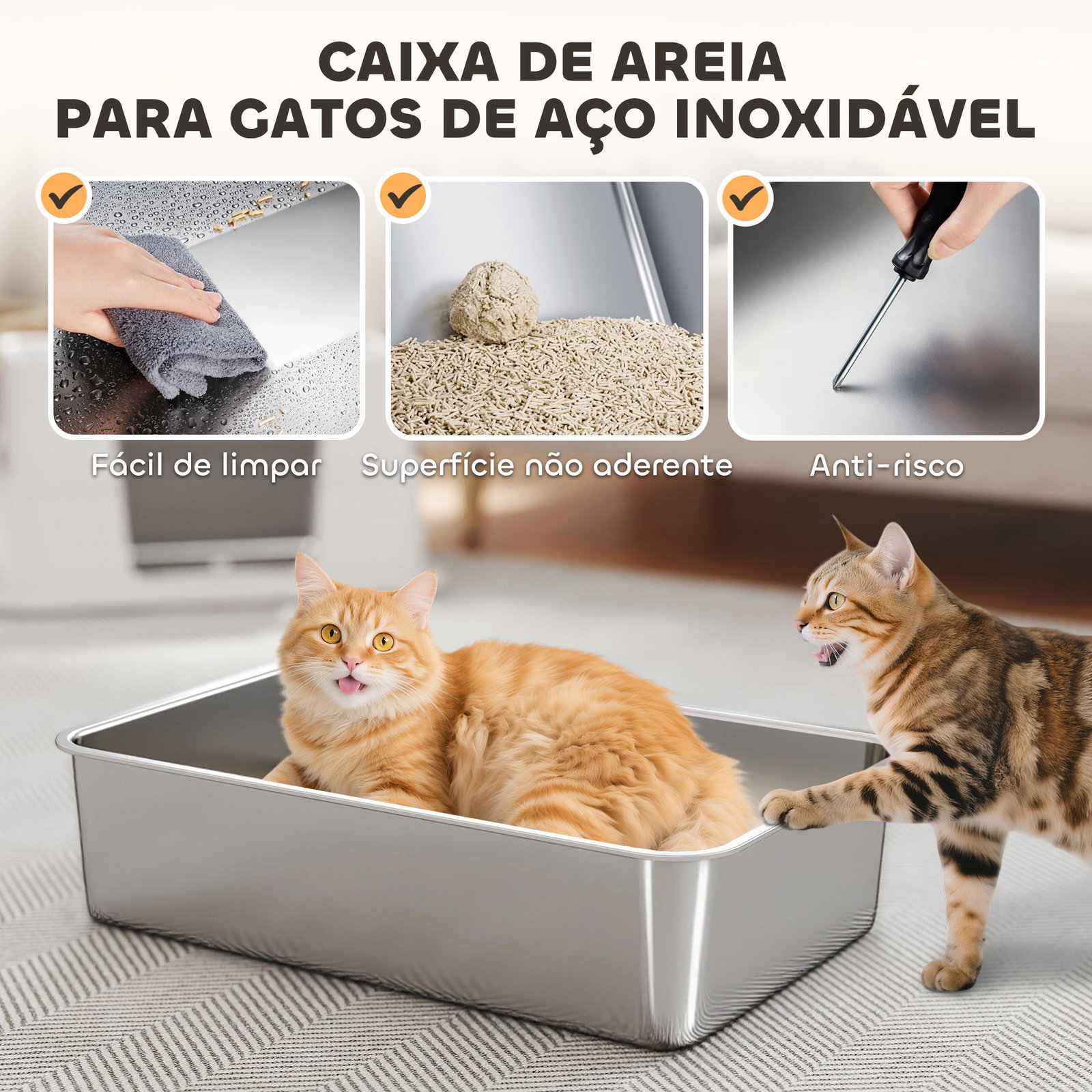 Caixa de areia para gatos de aço inoxidável xl com tampa abatível entradas altas pá antifugas 60,2x40,2x44,5 cm cinza claro