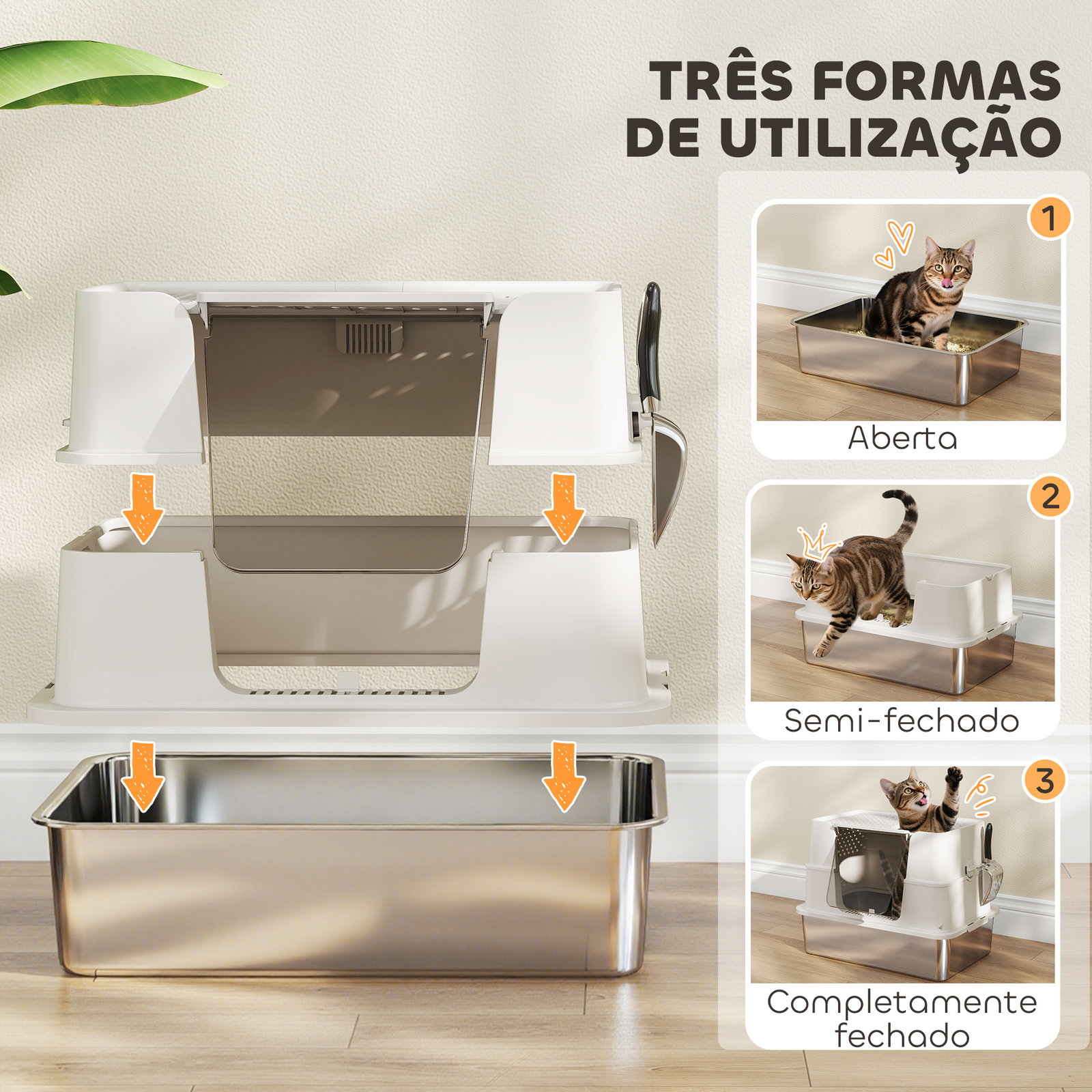 Caixa de areia para gatos de aço inoxidável xl com tampa abatível entradas altas pá antifugas 60,2x40,2x44,5 cm cinza claro