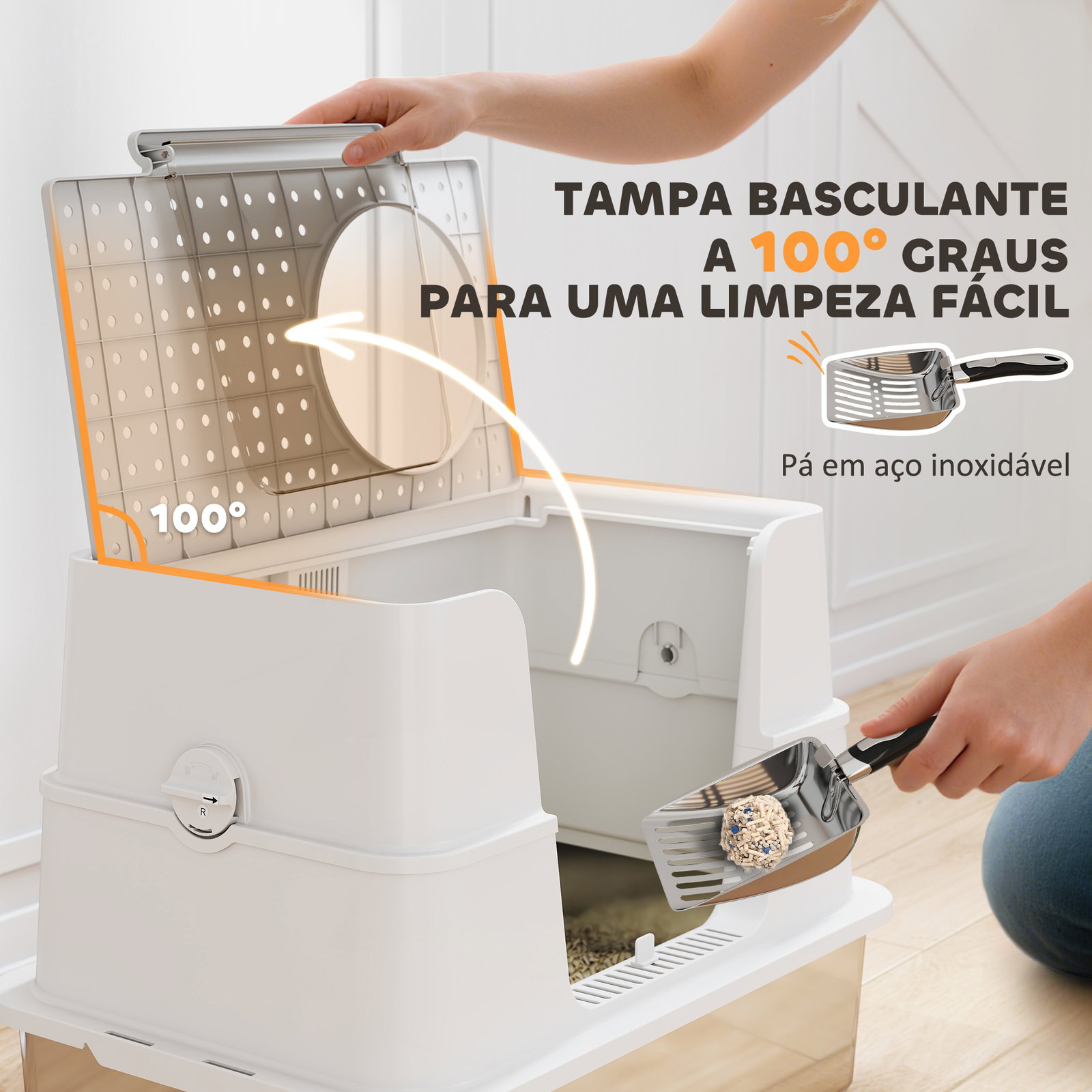 Caixa de areia para gatos de aço inoxidável xl com tampa abatível entradas altas pá antifugas 60,2x40,2x44,5 cm cinza claro