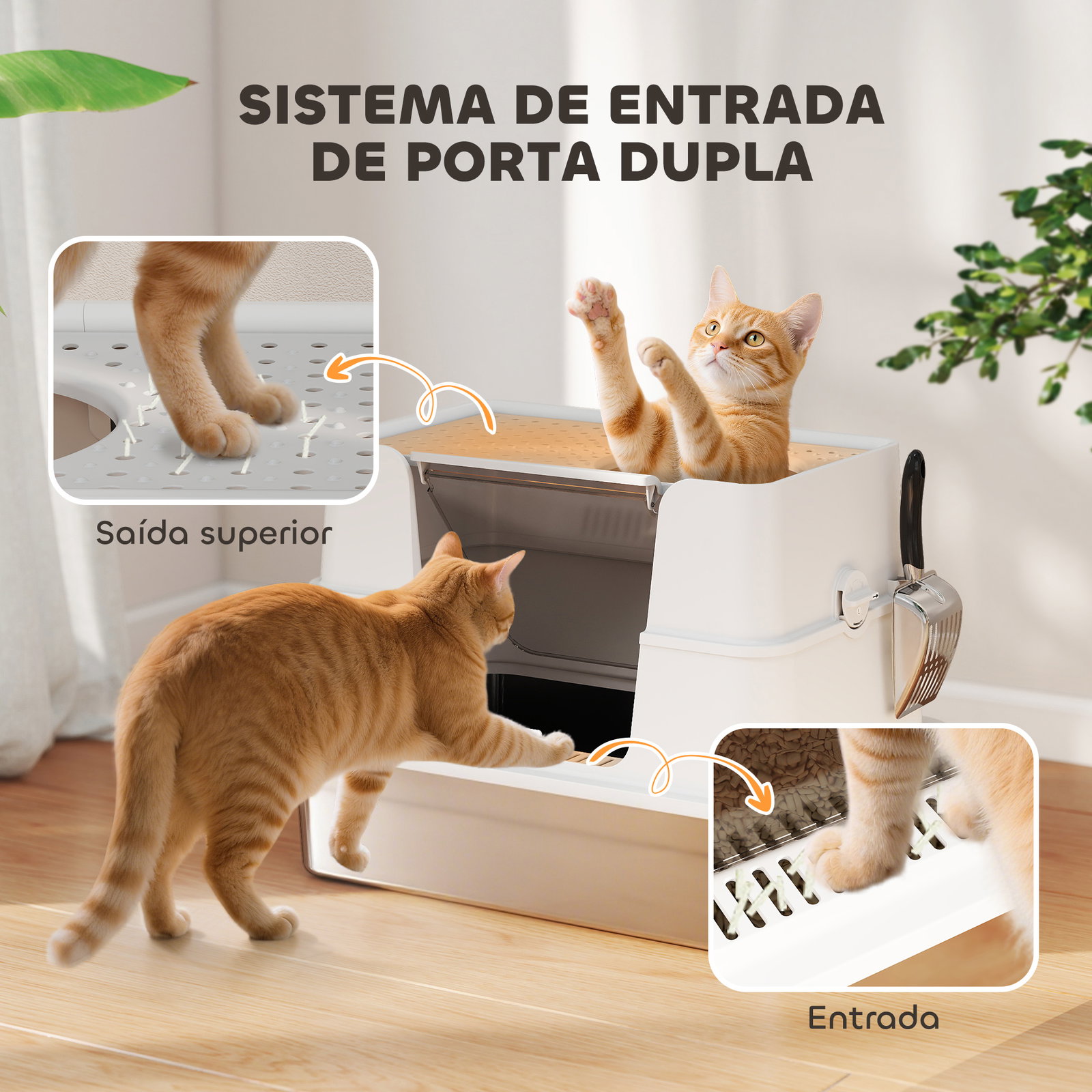 Caixa de areia para gatos de aço inoxidável xl com tampa abatível entradas altas pá antifugas 60,2x40,2x44,5 cm cinza claro