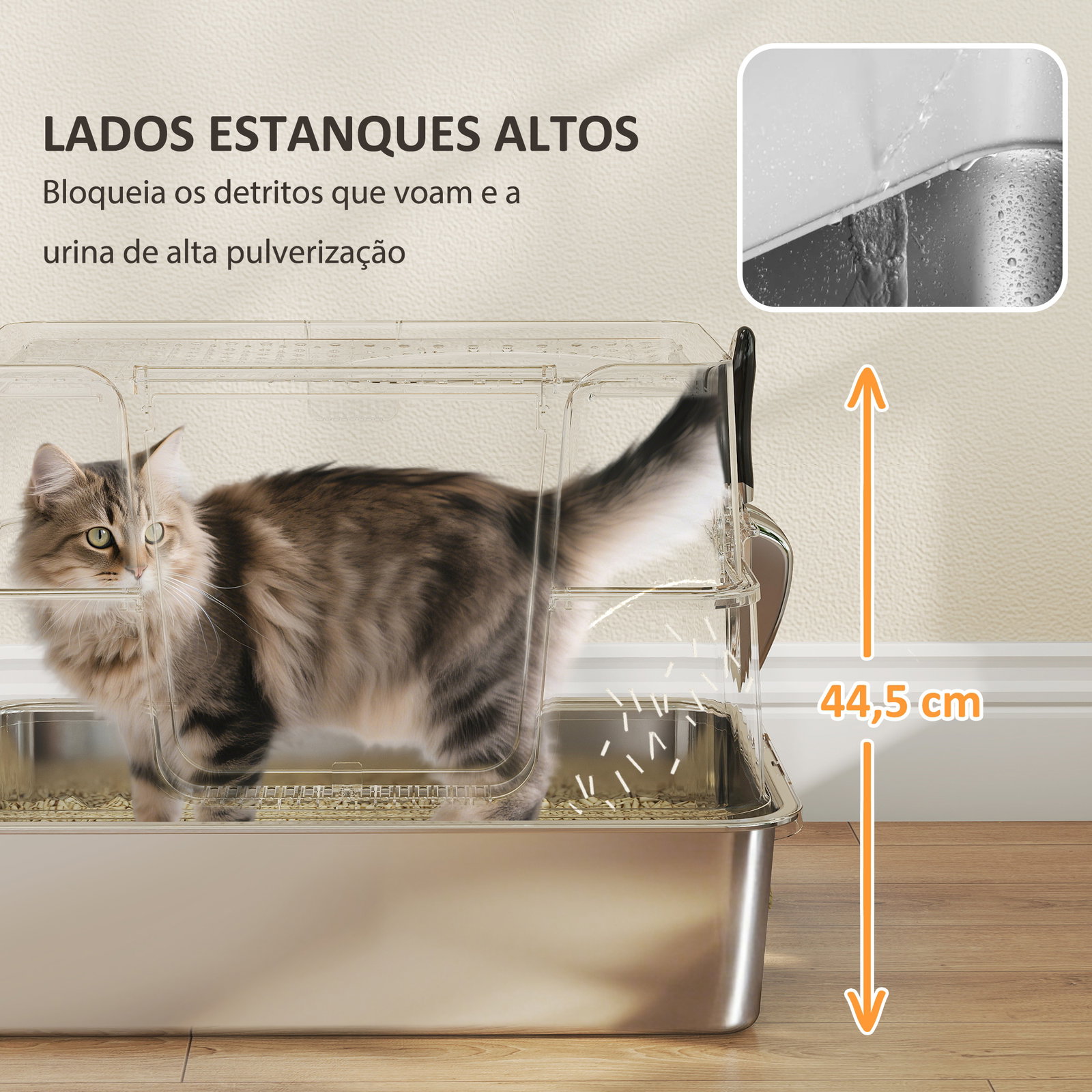 Caixa de areia para gatos de aço inoxidável xl com tampa abatível entradas altas pá antifugas 60,2x40,2x44,5 cm cinza claro