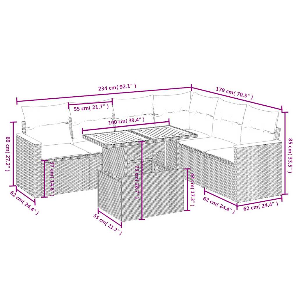 7 Pcs conjunto sofás p/ jardim c/ almofadões vime PE cinzento