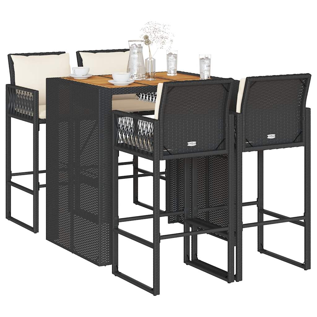 5 Pcs conjunto de bar jardim c/ almofadões vime PE/acácia preto