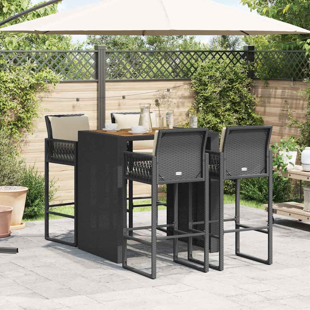 5 Pcs conjunto de bar jardim c/ almofadões vime PE/acácia preto