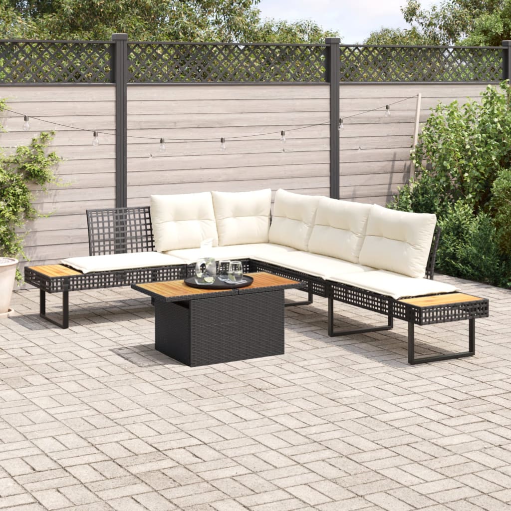 2 Pcs conj. sofás de jardim c/ almofadões vime PE/acácia preto