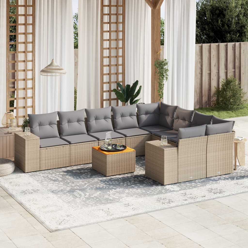 10 Pcs conjunto de sofás p/ jardim com almofadões vime PE bege
