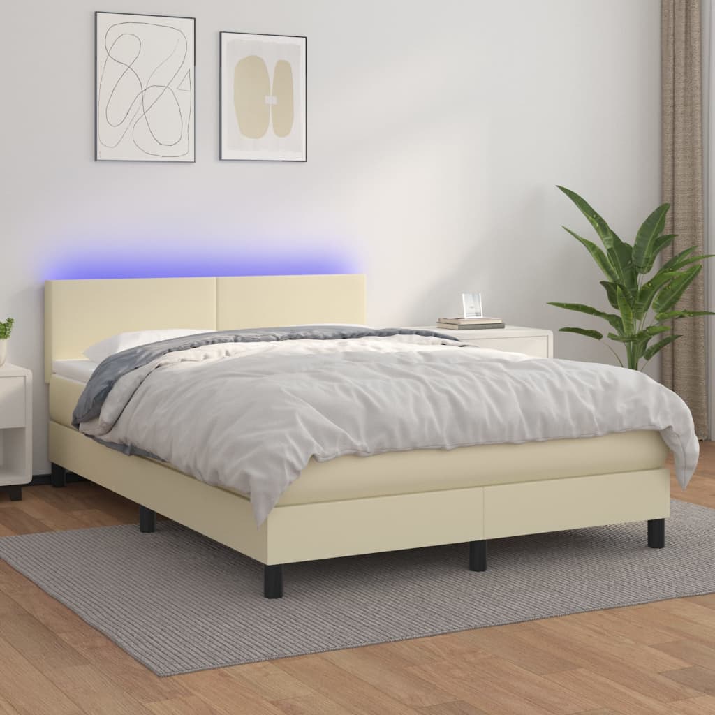 Cama box spring c/ colchão/LED 140x200cm couro artificial creme