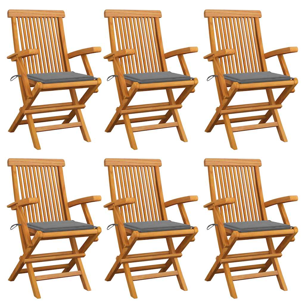 Cadeiras de jardim c/ almofadões cinzentos 6 pcs teca maciça