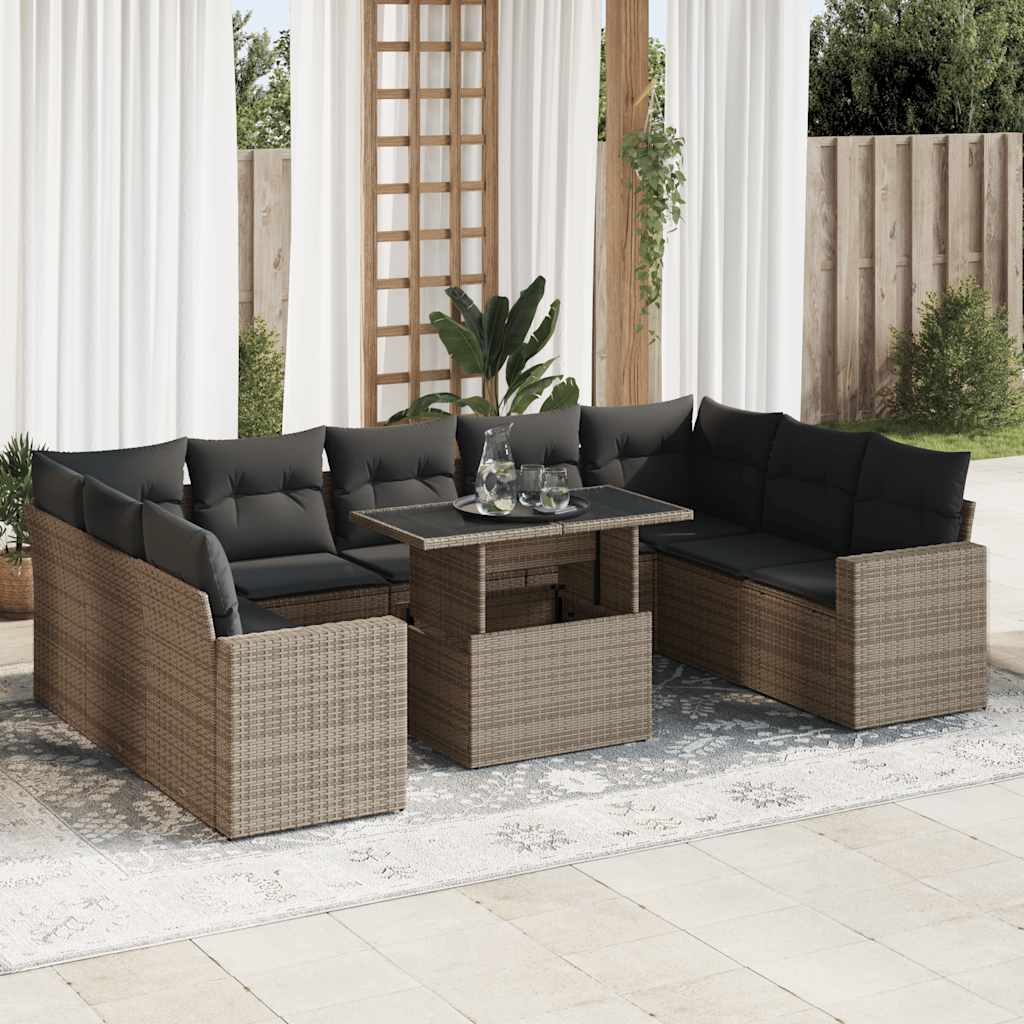 10 Pcs conjunto sofás de jardim c/ almofadões vime PE cinzento