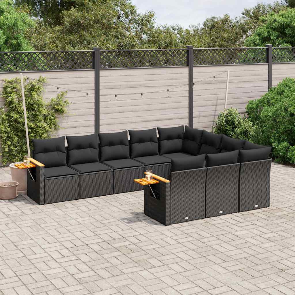10 Pcs conjunto sofás de jardim c/ almofadões vime PE preto