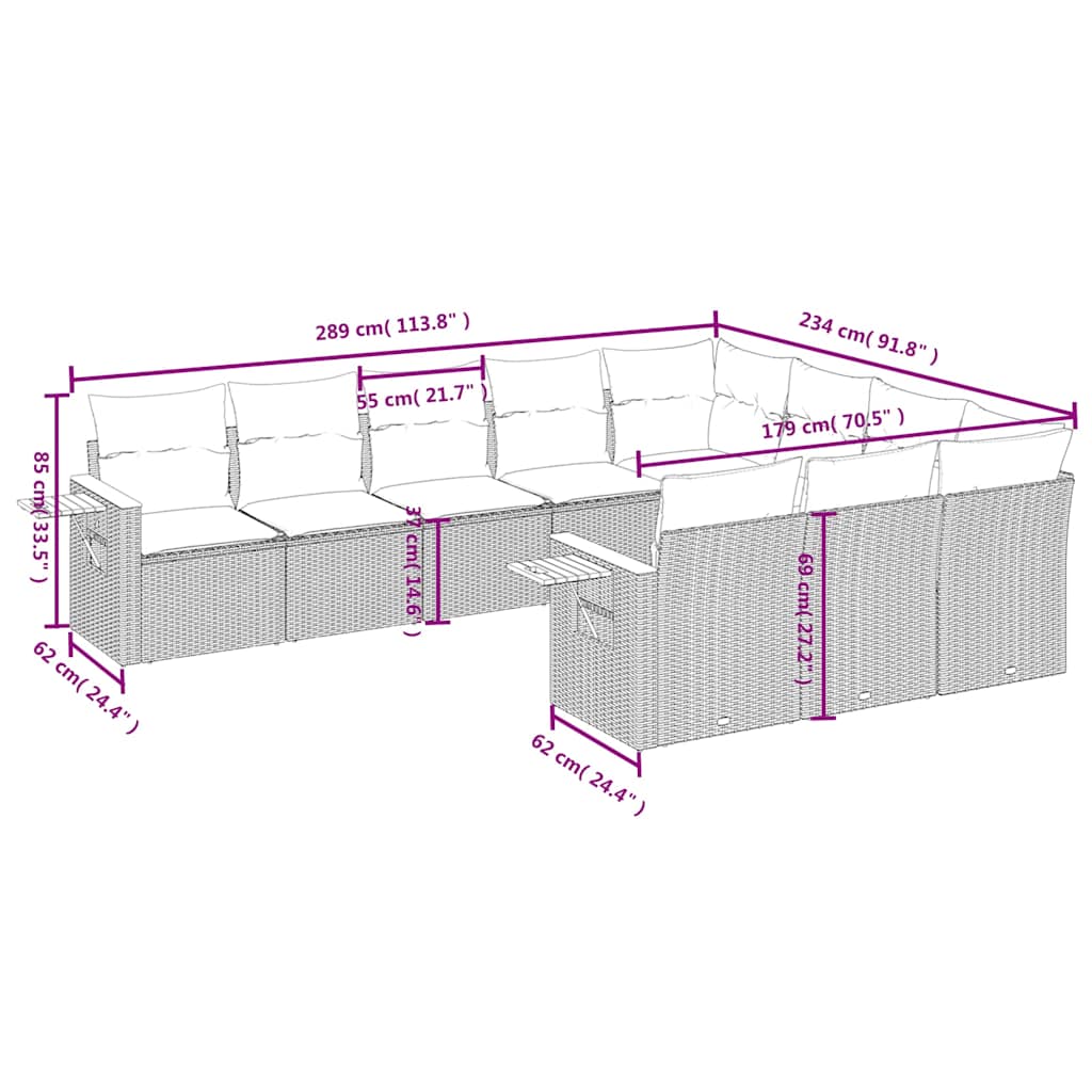 10 Pcs conjunto sofás de jardim c/ almofadões vime PE preto