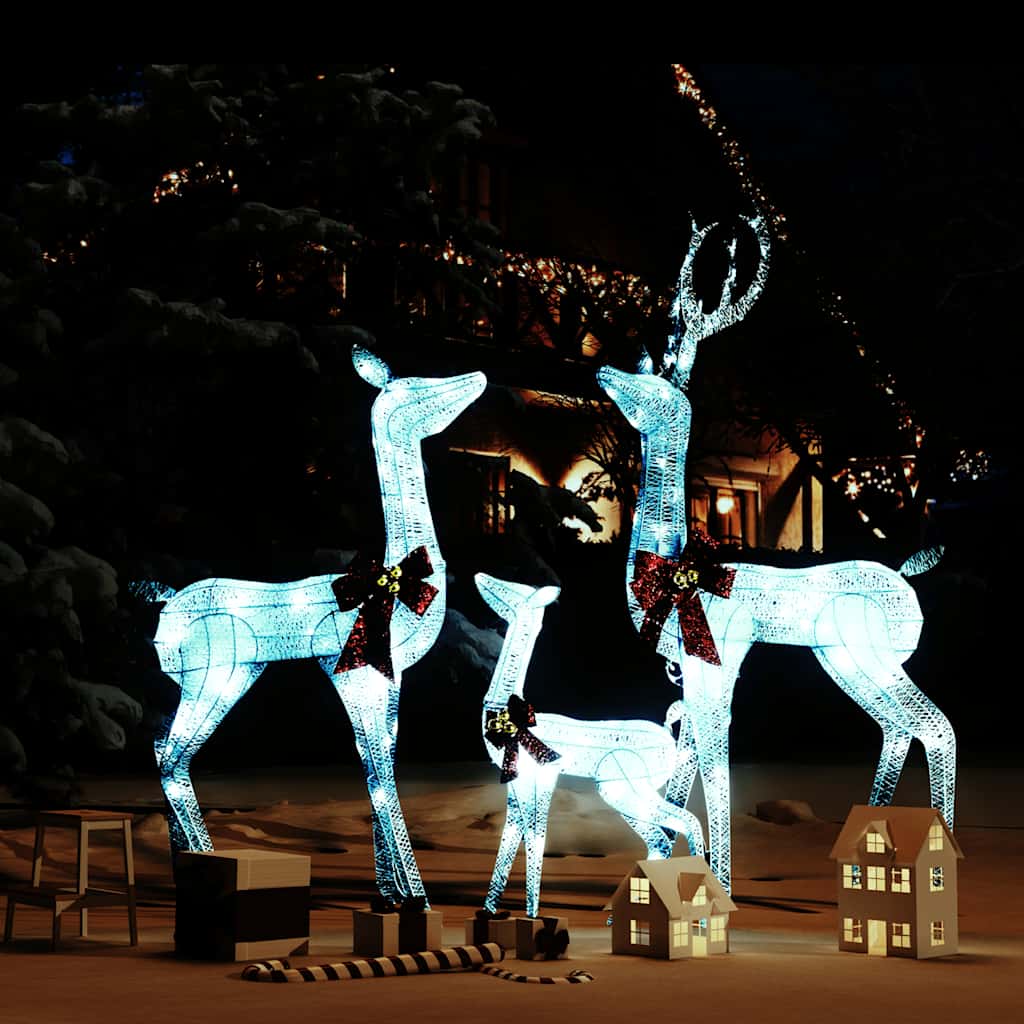 Família renas decorativas natal 201 luzes LED branco/prateado