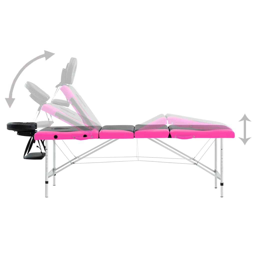 Mesa de massagem dobrável 4 zonas alumínio preto e rosa