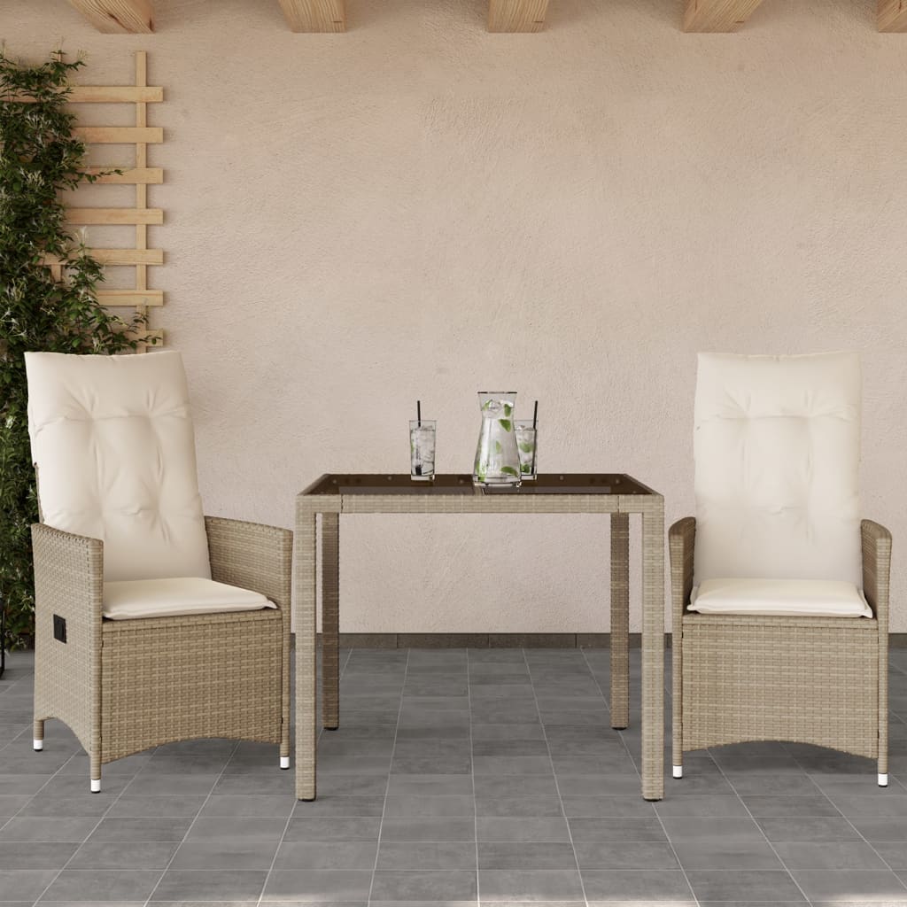 3 Pcs conjunto bistrô com almofadões vime PE bege