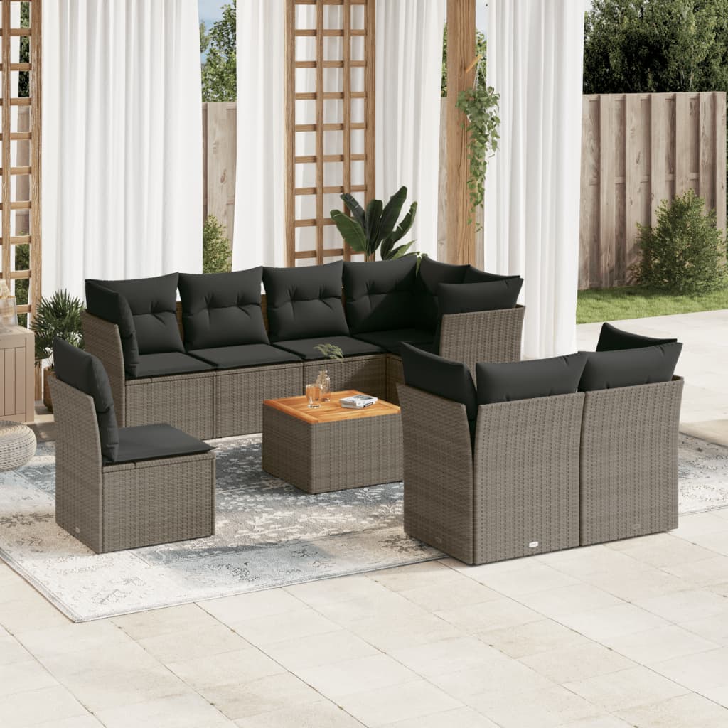9 Pcs conjunto sofás p/ jardim com almofadões vime PE cinzento