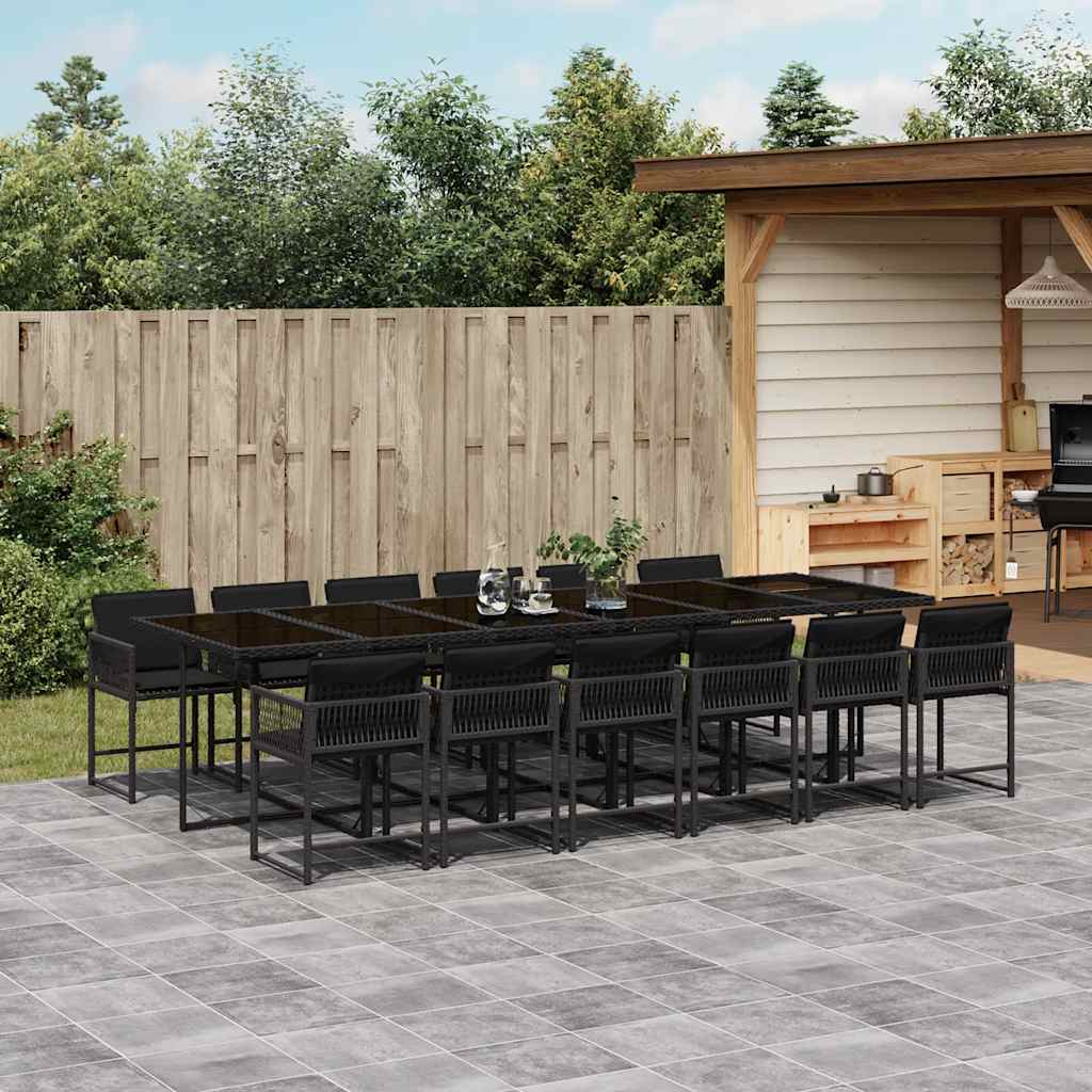 13 Pcs conjunto de jantar p/jardim com almofadões vime PE preto