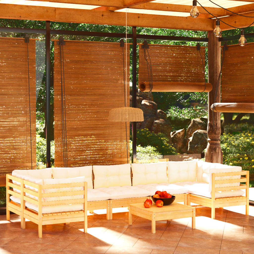8 Pcs conjunto lounge de jardim c/ almofadões cor creme pinho