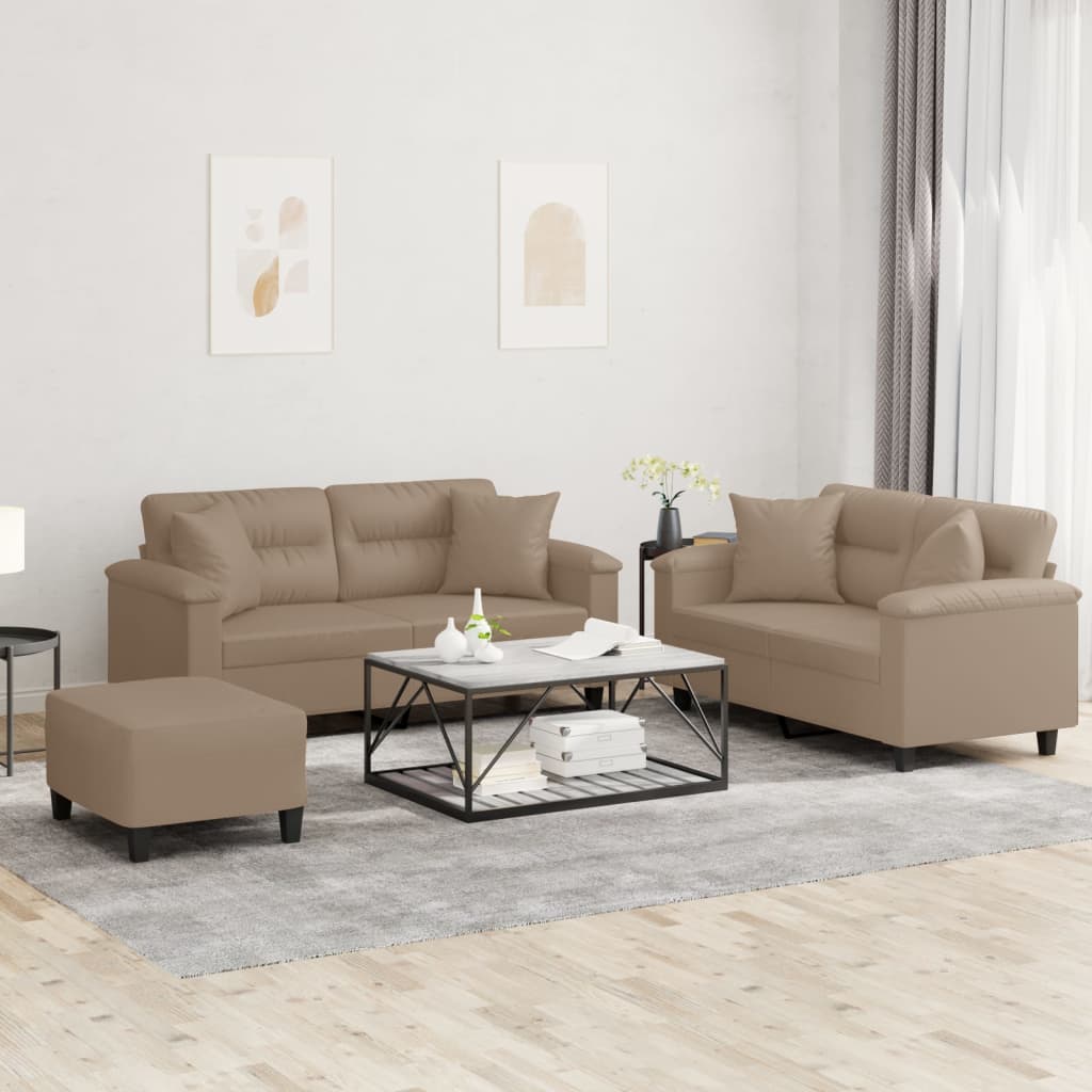 3 Pcs conjunto sofás c/ almofadas couro artificial cappuccino